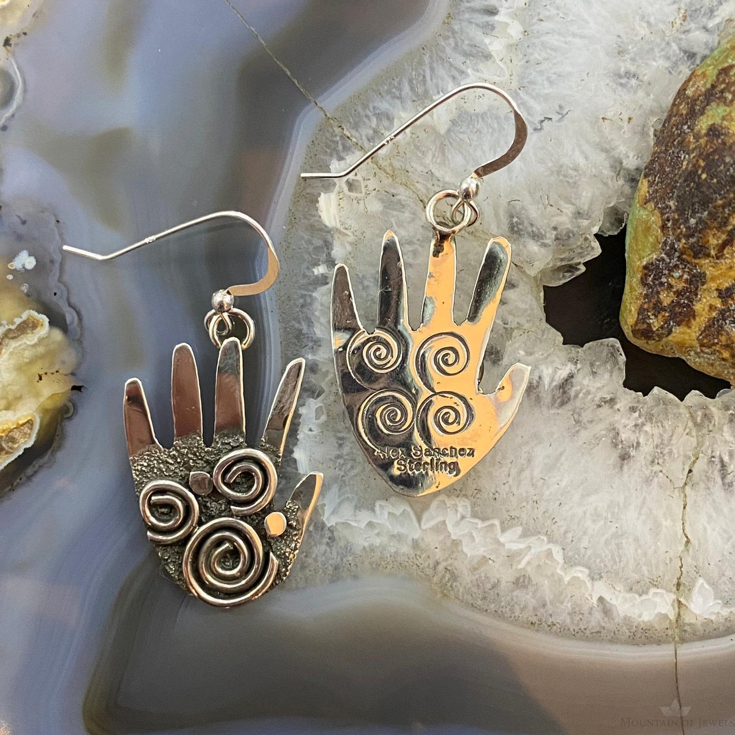 Alex Sanchez Native American Sterling Silver Ancestors Hand Petroglyph Dangle Earrings For Women #7
