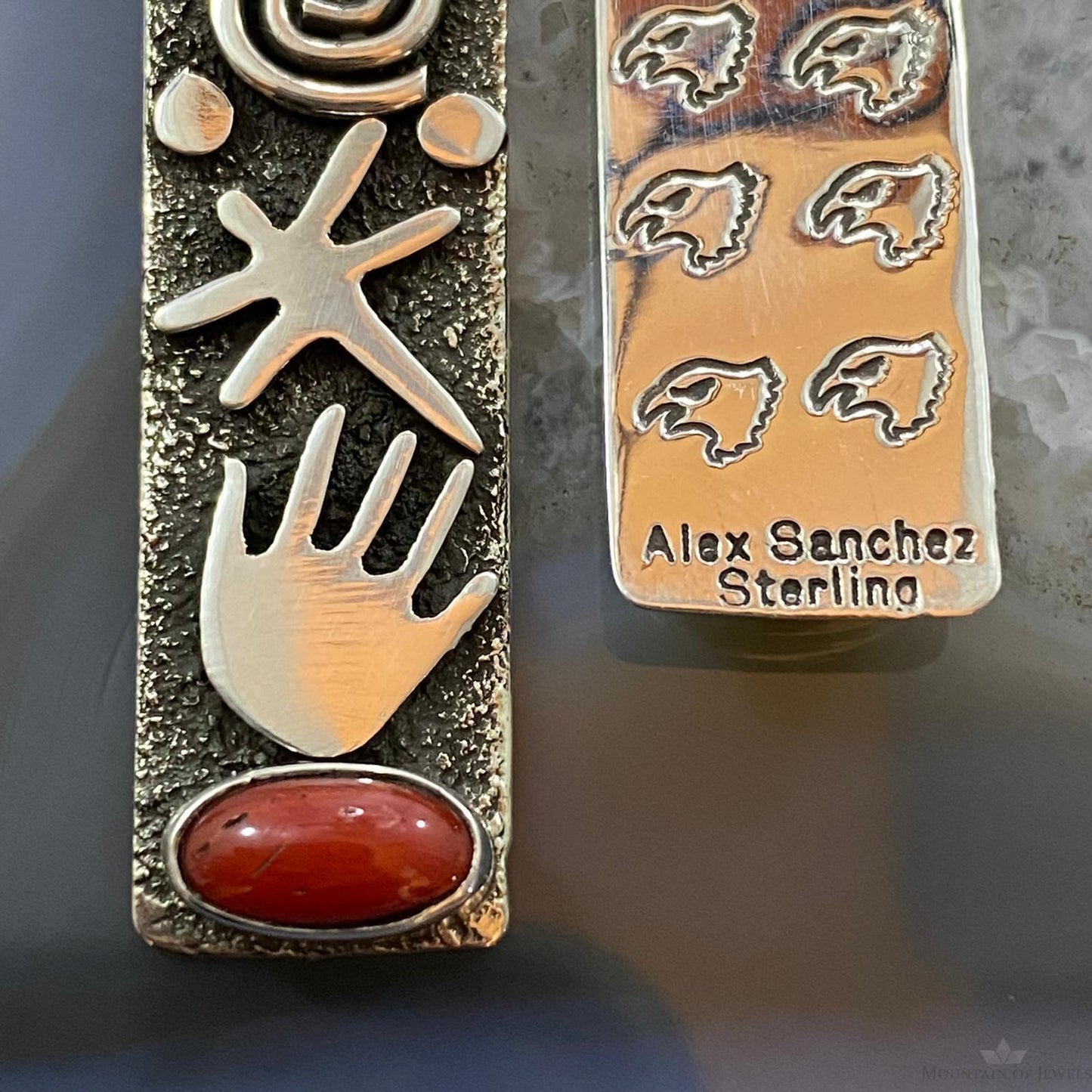 Alex Sanchez Sterling Silver Coral Rectangle Petroglyph Dangle Earrings For Women #5