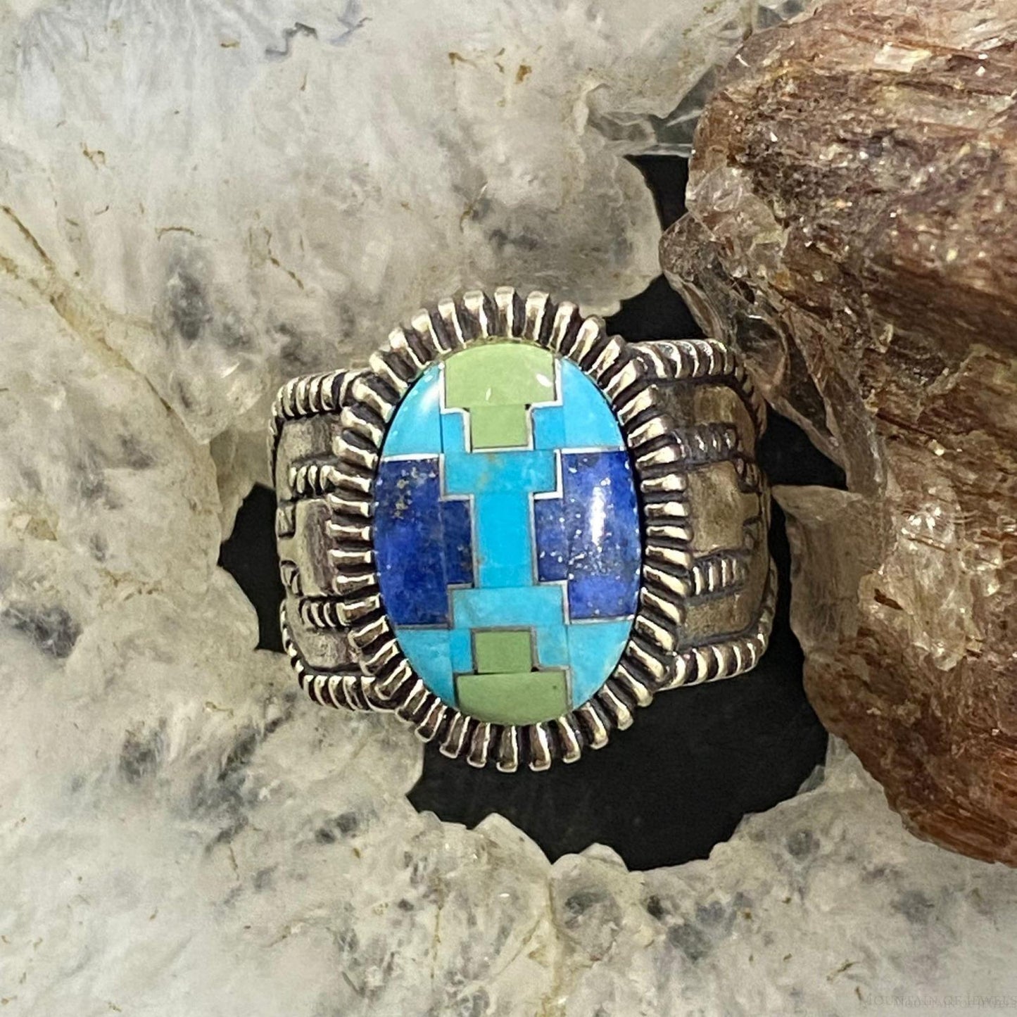 Carolyn Pollack Southwestern Style Sterling Silver Oval Multistone Inlay Rug Design Ring Size 6 For Women
