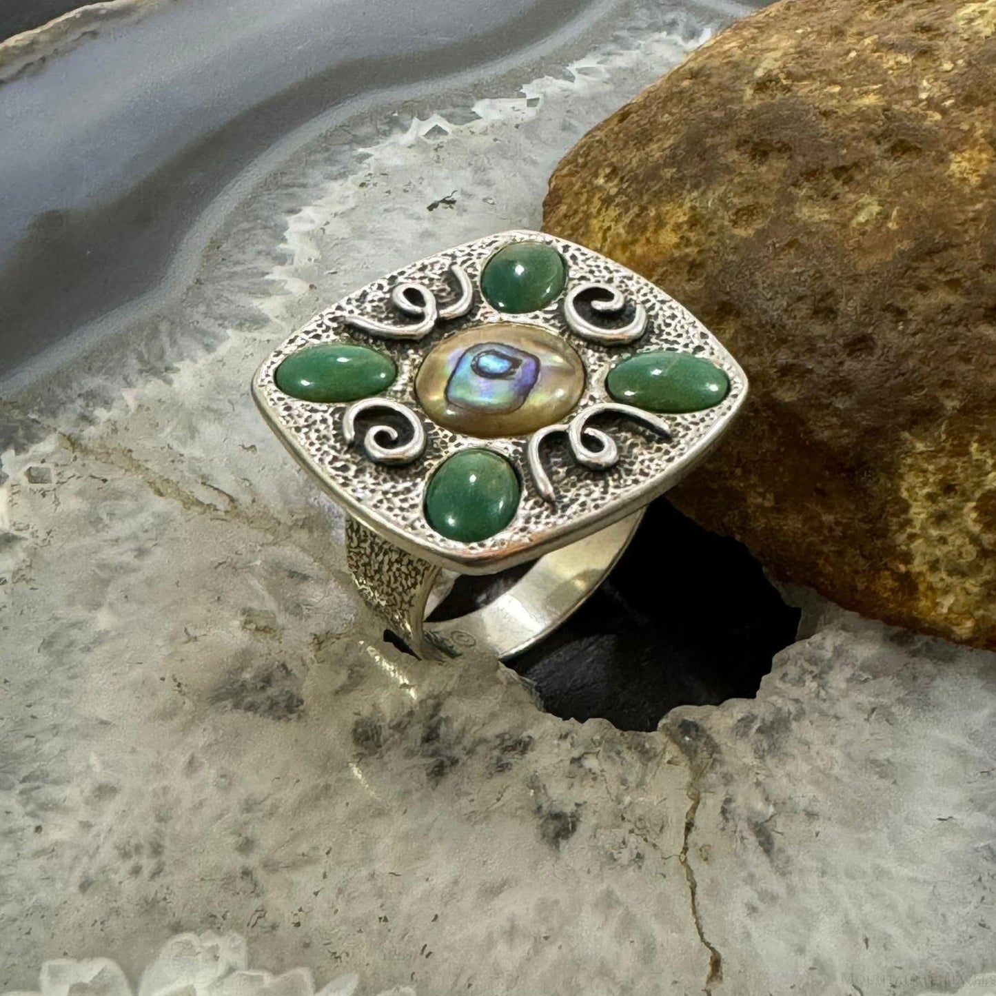 Carolyn Pollack Sterling Silver Green Turquoise & Abalone Decorated Ring Size 9 For Women