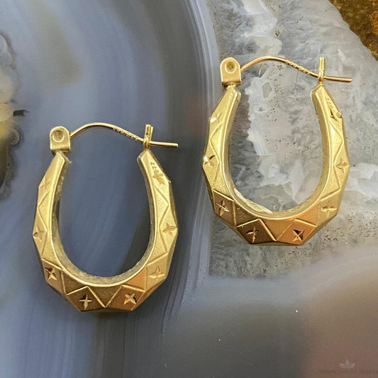 14K Yellow Gold Angular Stamped Puff Hoop Earrings For Women