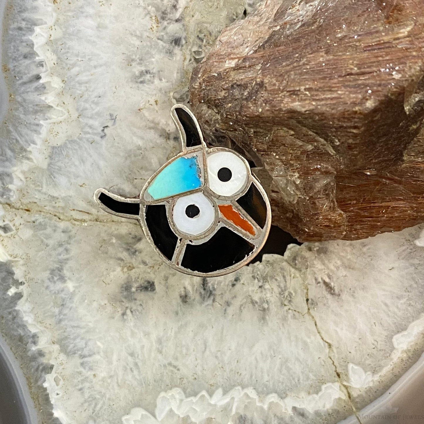 Vintage Native American Silver Multistone Zuni Inlay Owl Ring Size 6.5 For Women