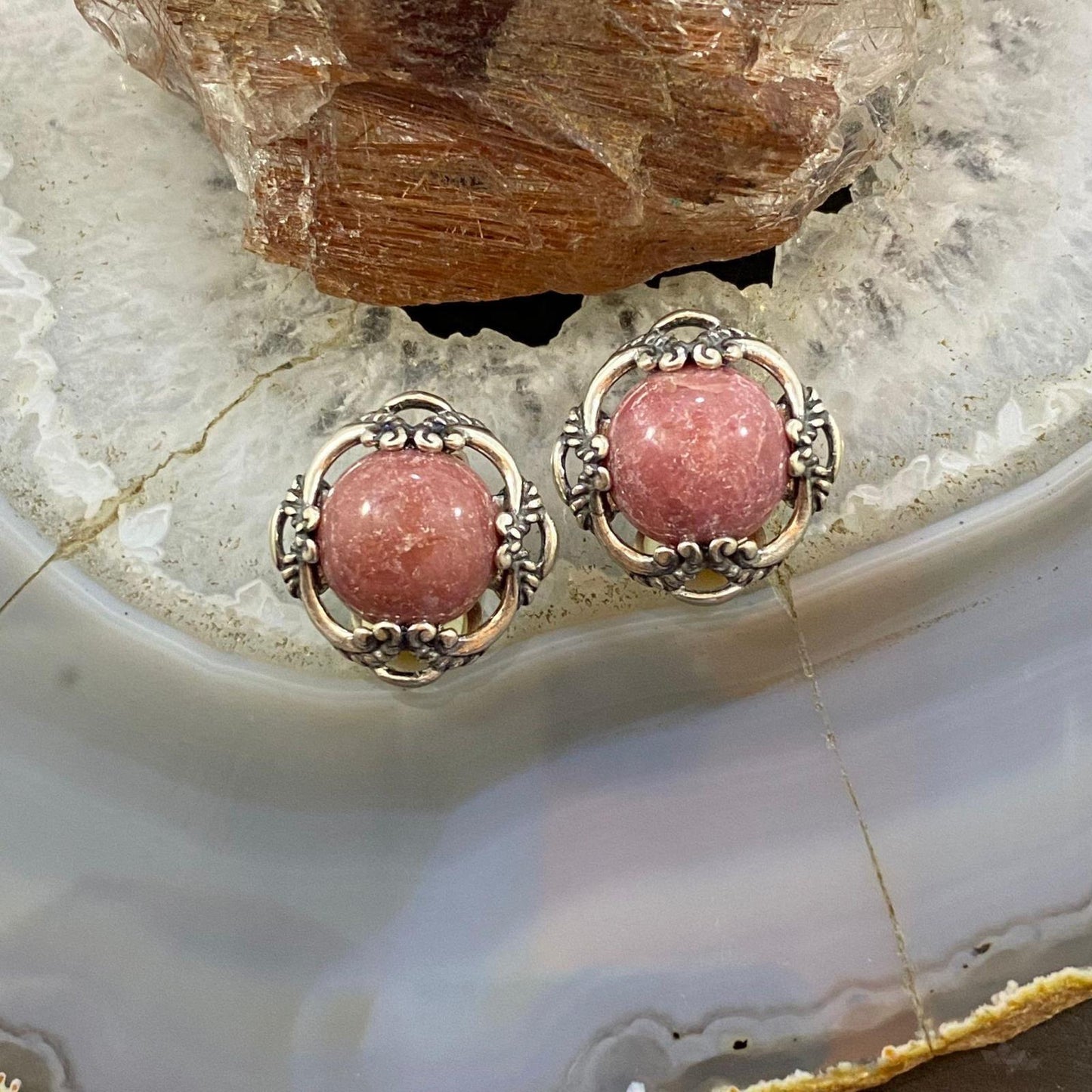 Carolyn Pollack Sterling Silver Round Rhodonite Decorated Clip-On Earrings For Women