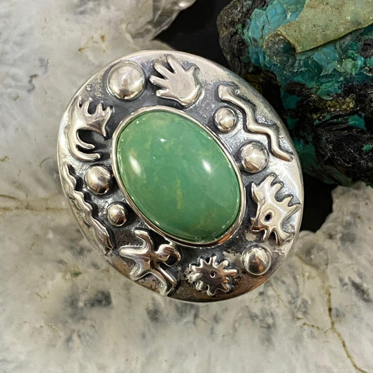 Carolyn Pollack Southwestern Style Sterling Silver Oval Turquoise Petroglyphs Decorated Ring Size 8 For Women