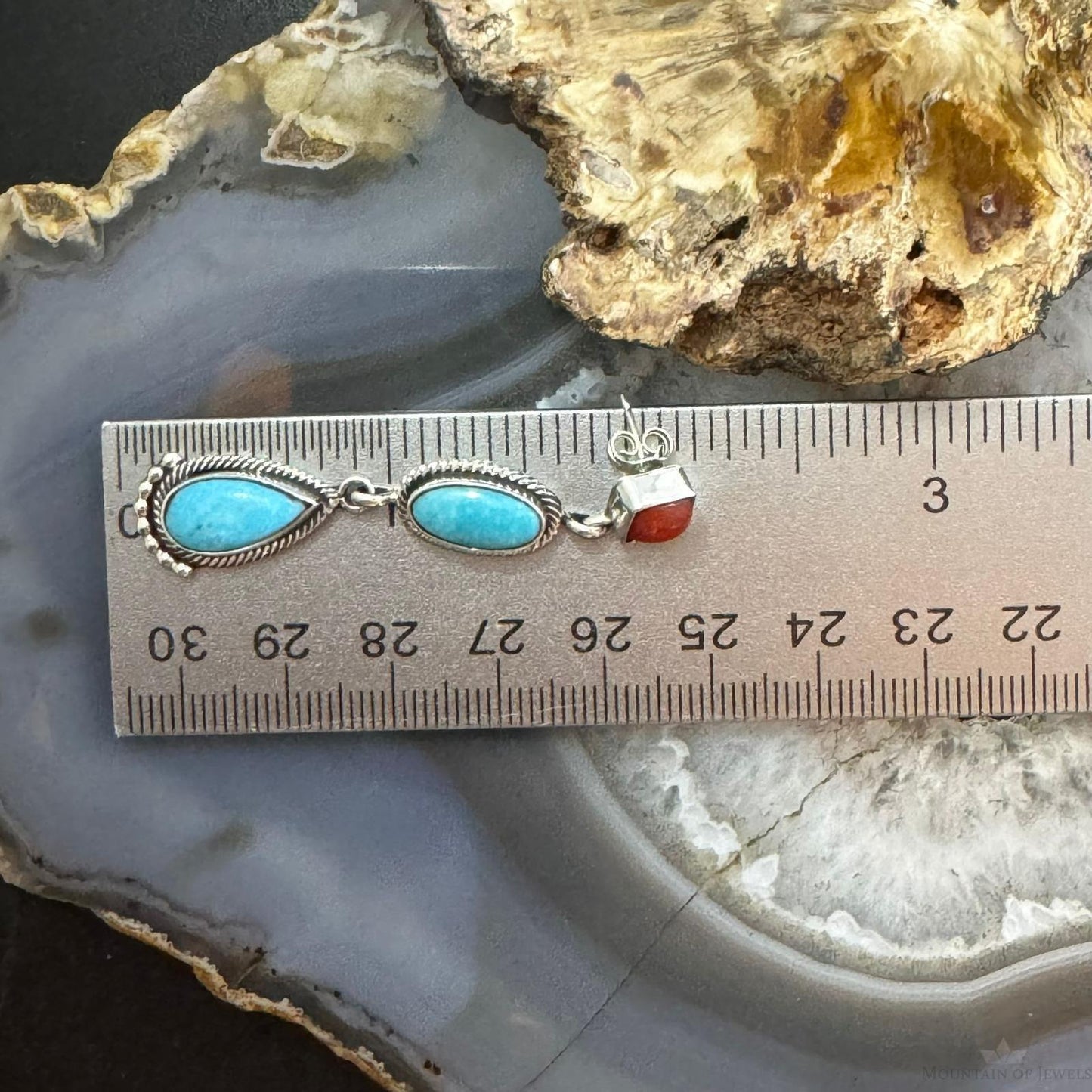 Verley Betone Sterling Silver Coral & 2 Turquoise Decorated Dangle Earrings For Women