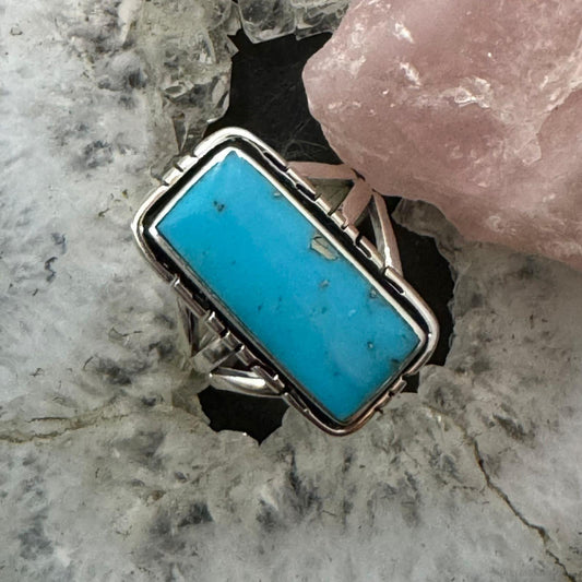 Native American Sterling Silver Blue Ridge Turquoise Elongated Bar Ring Size 9.75 For Women