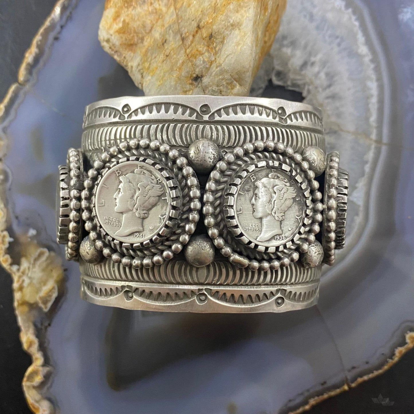 Alex Sanchez Native American Sterling Silver 4 Mercury Dimes Solid Decorated Bracelet For Women