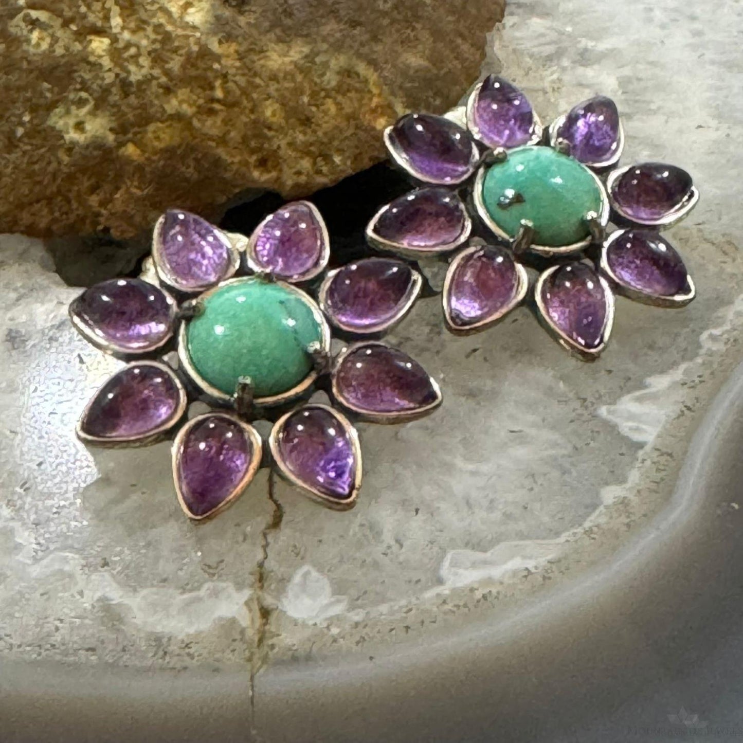 Carolyn Pollack Sterling Silver Round Turquoise & Pear Amethyst Flower Stud Earrings For Women