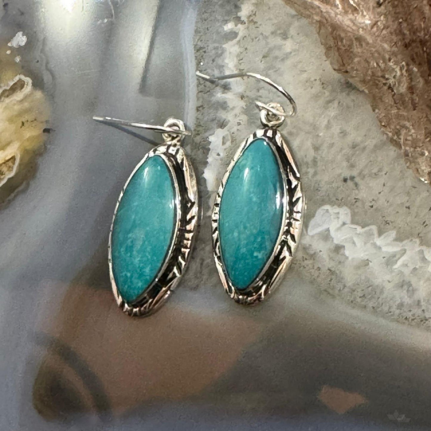 Native American Sterling Silver Marquise Turquoise Dangle Earrings For Women