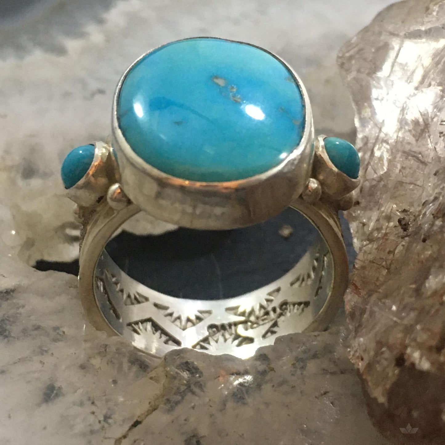 Vintage Native American Sterling Silver 3 Turquoise Ring Size 8 For Women