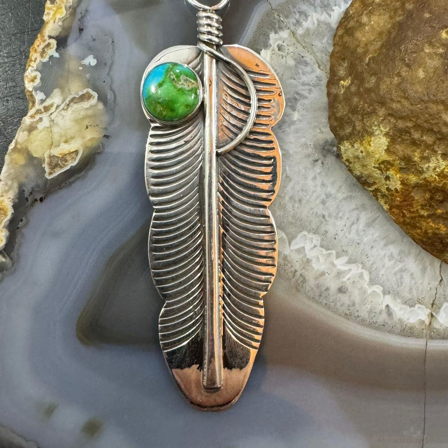 Native American Sterling Silver Round Sonoran Gold Turquoise Feather Unisex Pendant