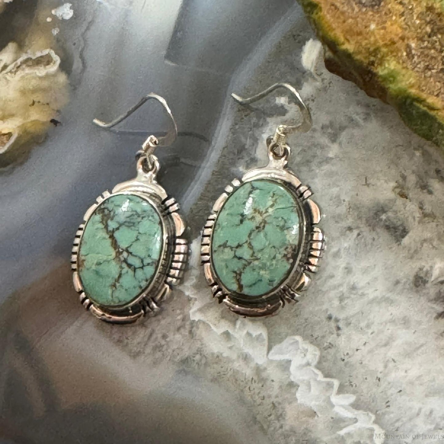 Native American Sterling Silver Oval Turquoise Decorated Dangle Earrings For Women