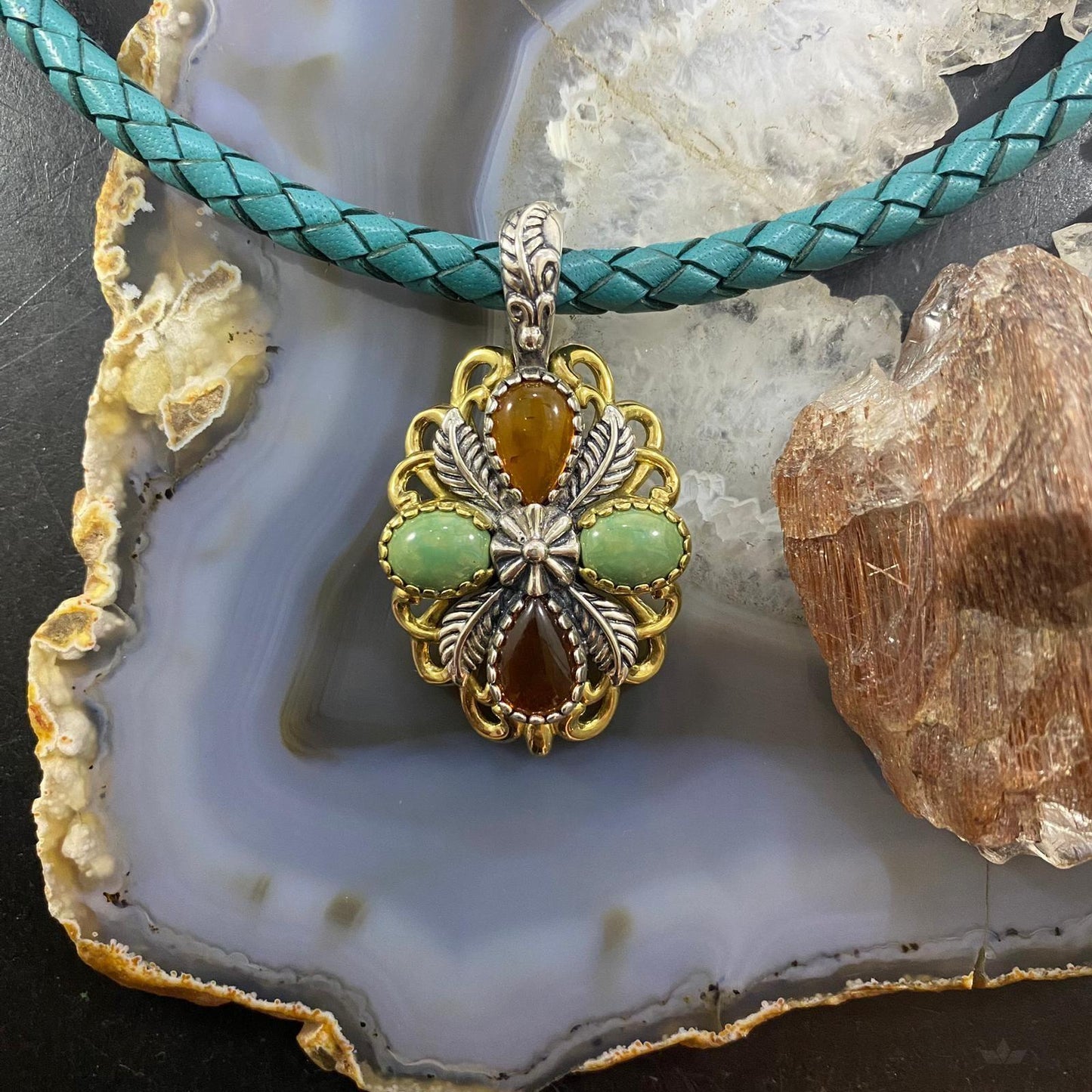 Carolyn Pollack Southwestern Style Sterling Silver & Brass Amber & Green Turquoise Pendant For Women