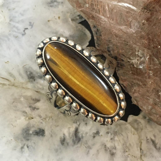 Carolyn Pollack Sterling Silver Elongated Oval Tiger Eye Decorated Ring For Women