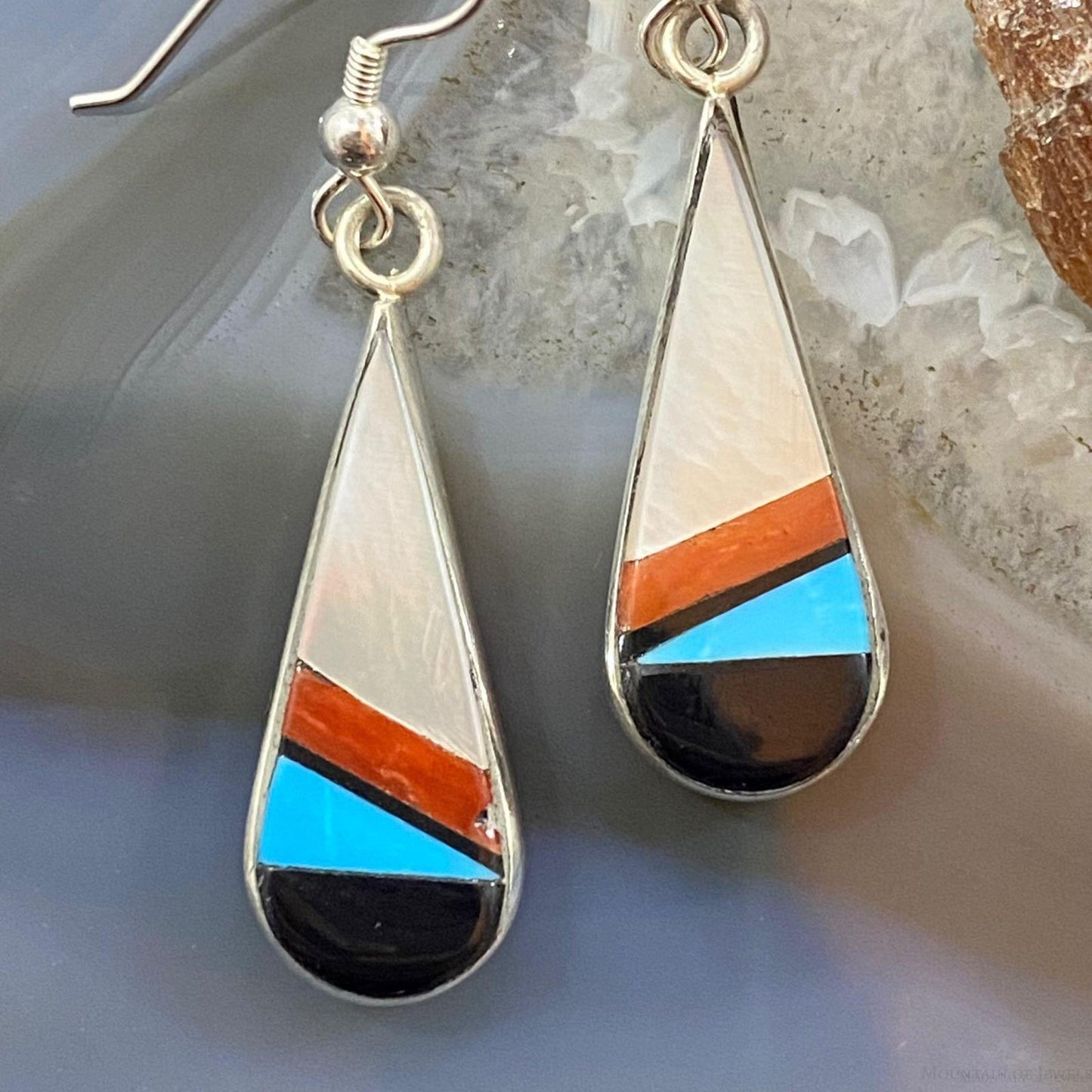 Sheryl Edaakie Zuni Native American Sterling Silver Multi Stone Inlay Dangle Earrings  For Women #2