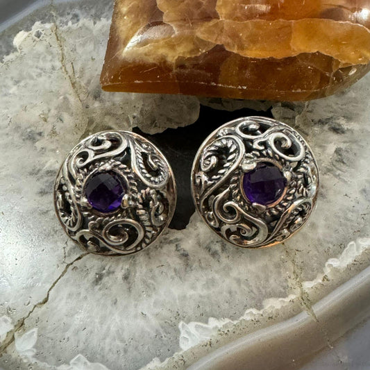 Carolyn Pollack Sterling Silver Amethyst Decorated Safety Clip Stud Earrings For Women