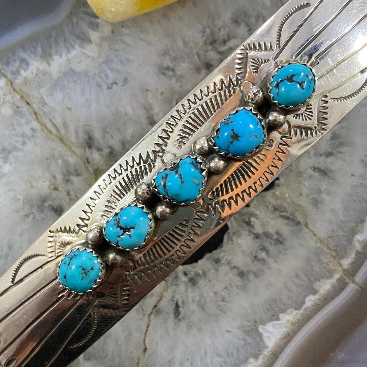 Native American Sterling 5 Rough Turquoise Stamped Hair Barrette For Women #1