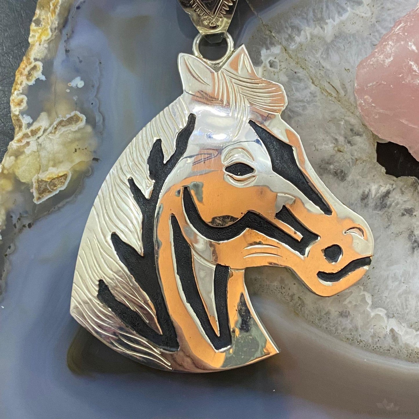 Alonzo Mariano Native American Sterling Silver Overlay Horse Head Unisex Pendant