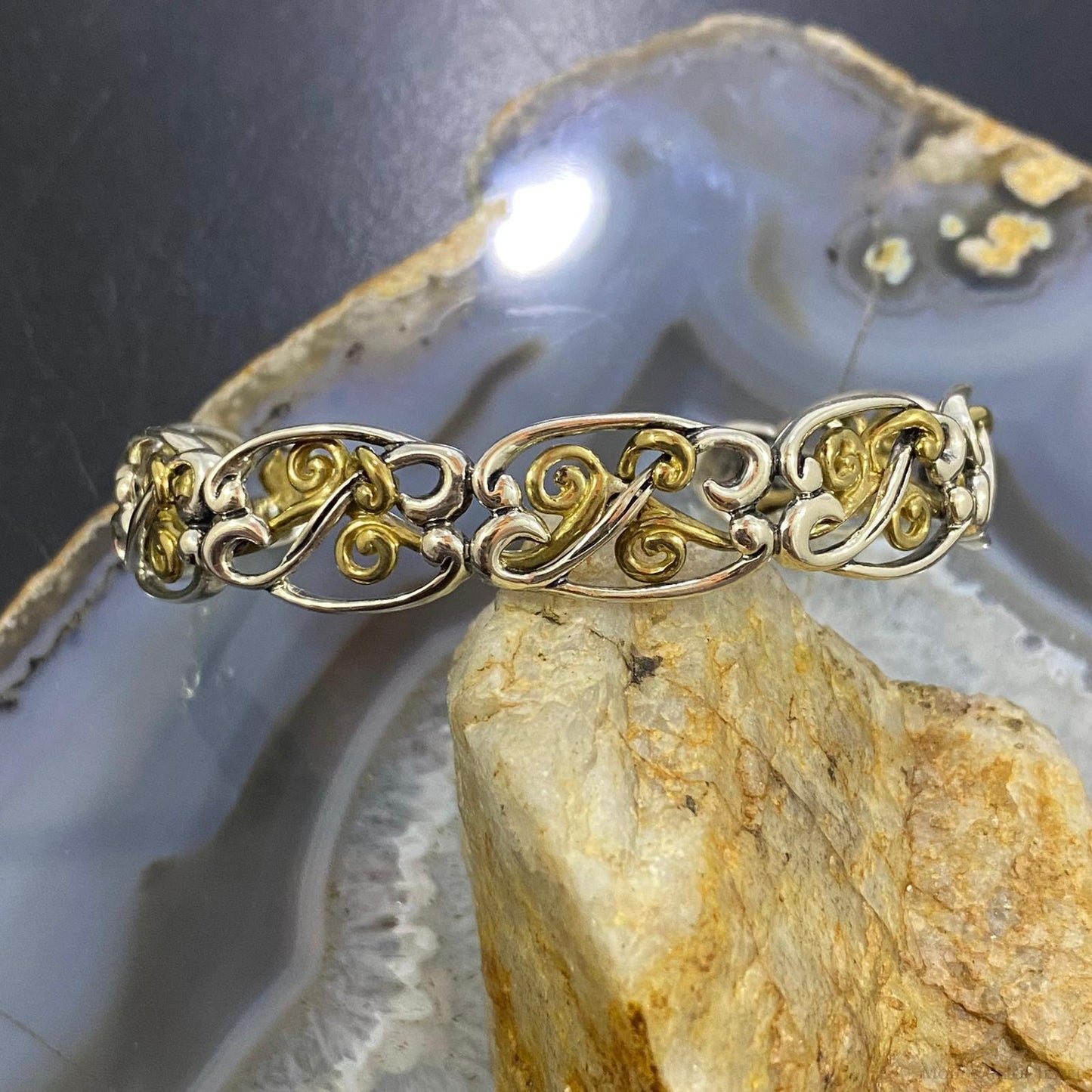 Carolyn Pollack Vintage Sterling Silver & Brass Scroll Work Bracelet For Women