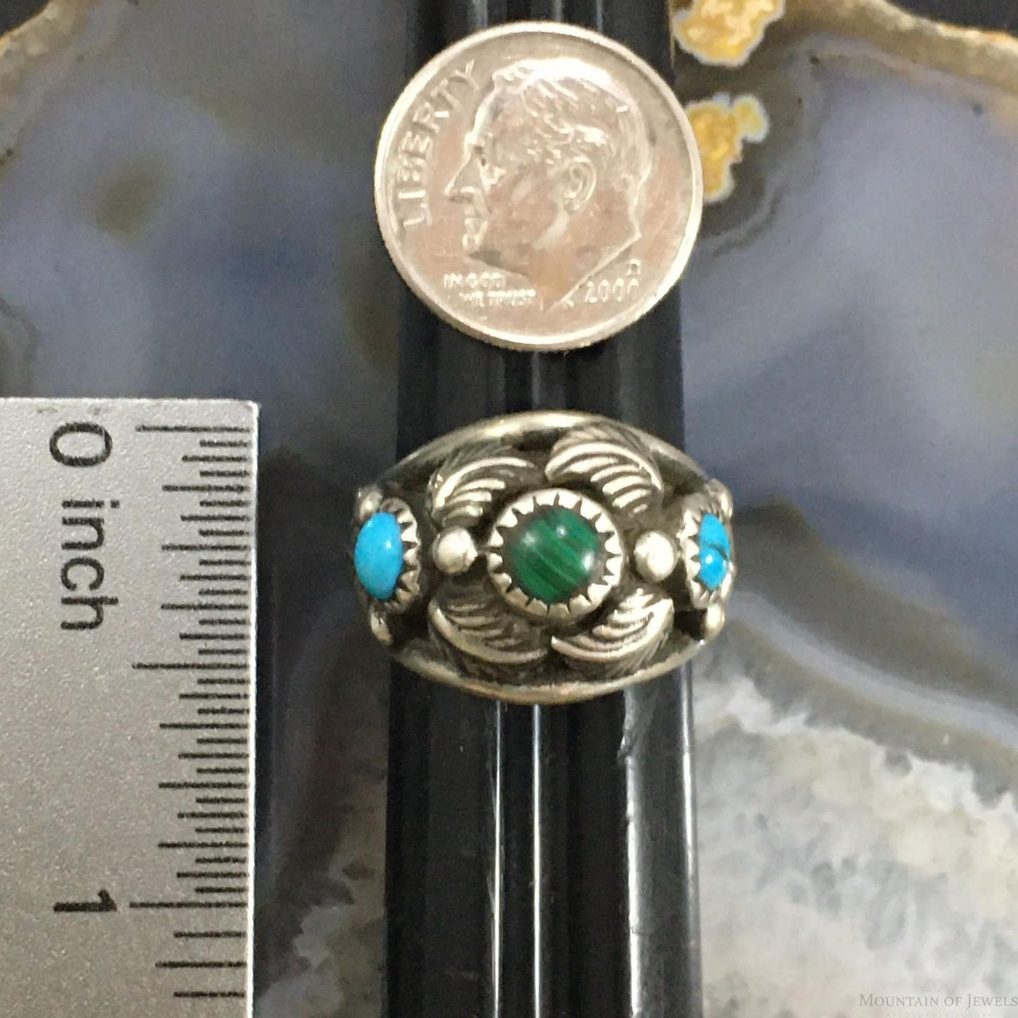 Vintage Native American Sterling Silver Turquoise & Malachite Decorated Ring Size 6.25 For Women