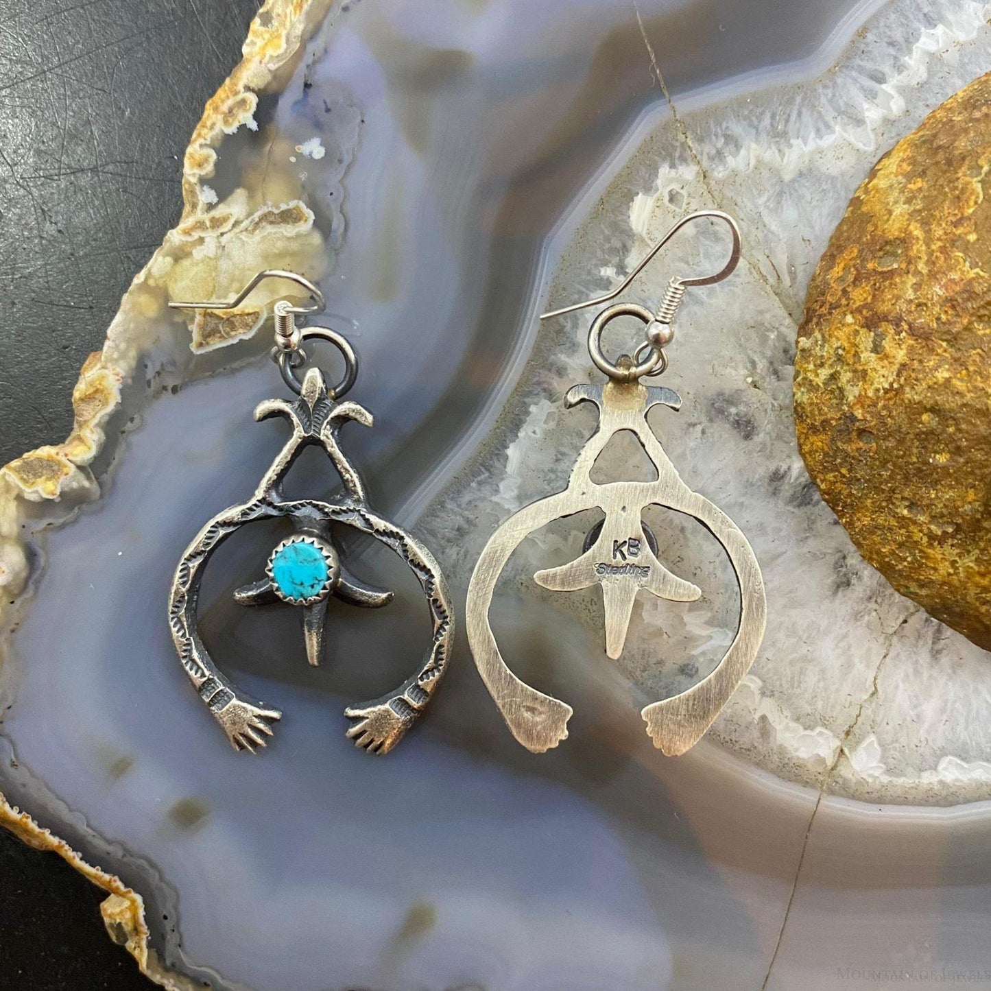 Kevin Billah Native American Sterling Silver Sandcast Turquoise Naja Dangle Earrings For Women #7