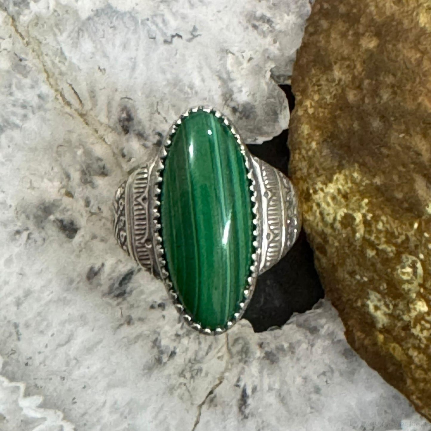 Carolyn Pollack Sterling Silver Elongated Oval Malachite Decorated Ring For Women