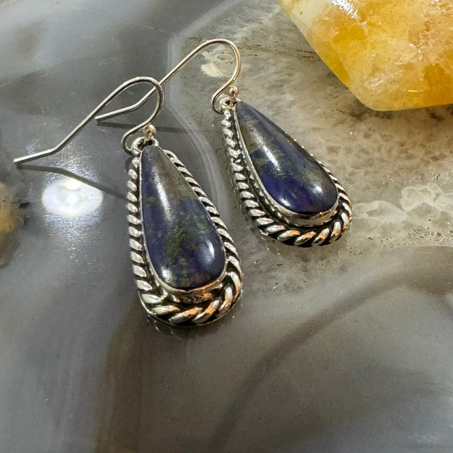 Native American Sterling Silver Teardrop African Azurite Malachite Dangle Earrings For Women