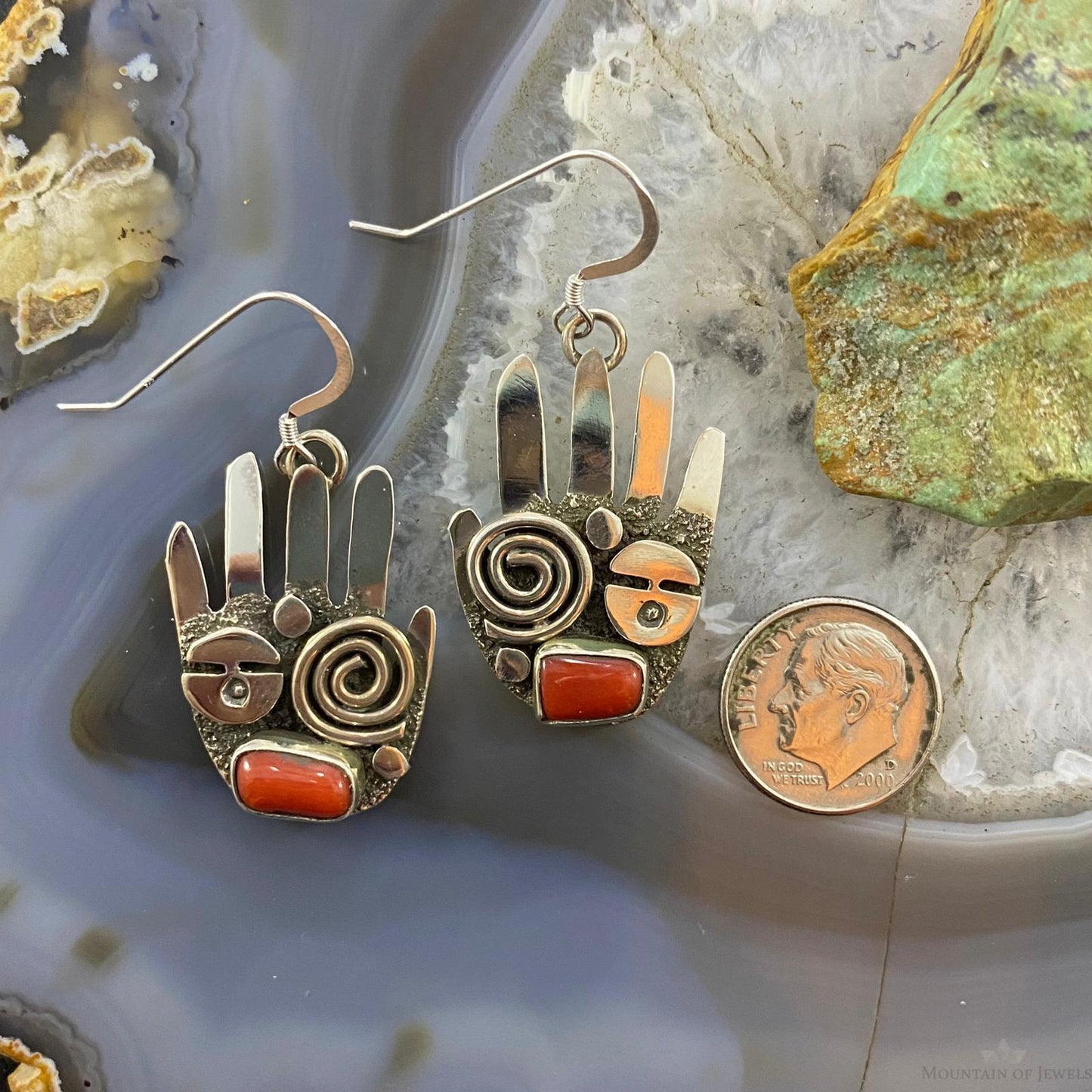 Alex Sanchez Native American Sterling Silver Ancestors Hand Petroglyph W/Coral Dangle Earrings For Women #5