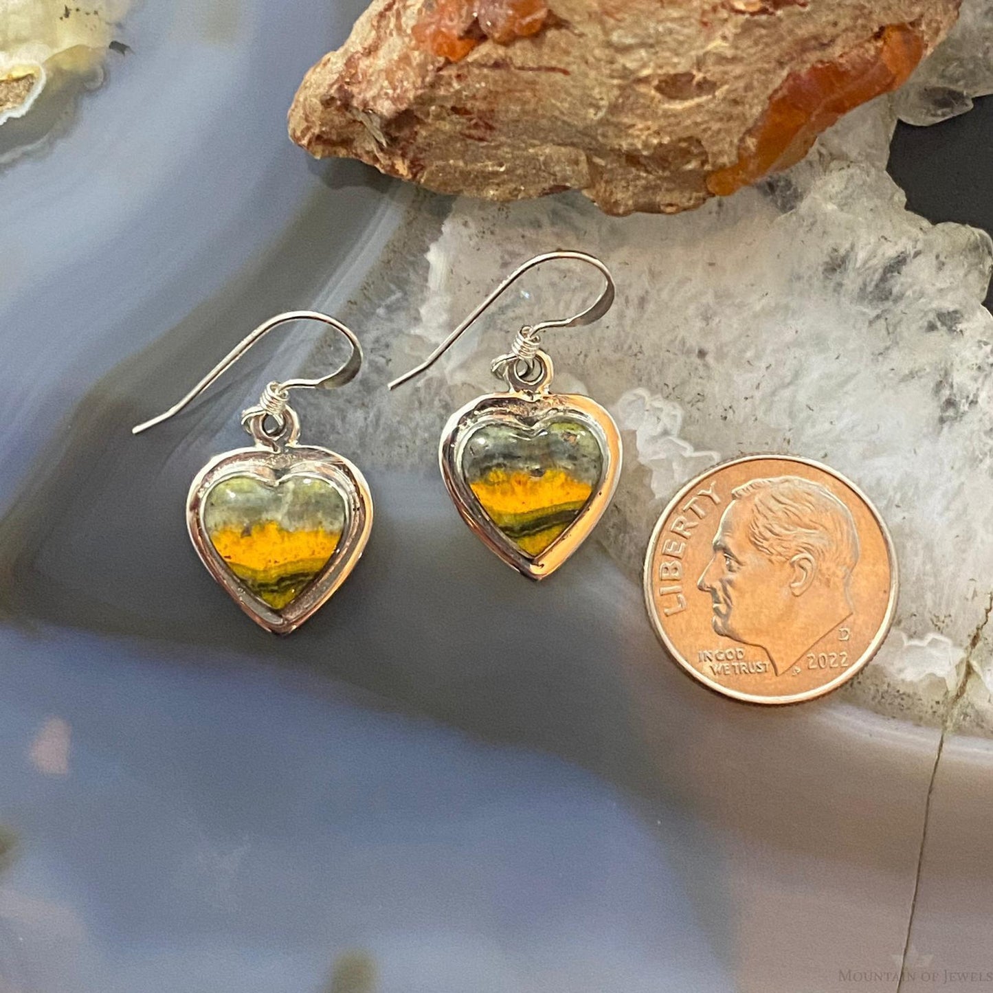 Native American Sterling Silver Bumlebee Jasper Heart Dangle Earrings For Women