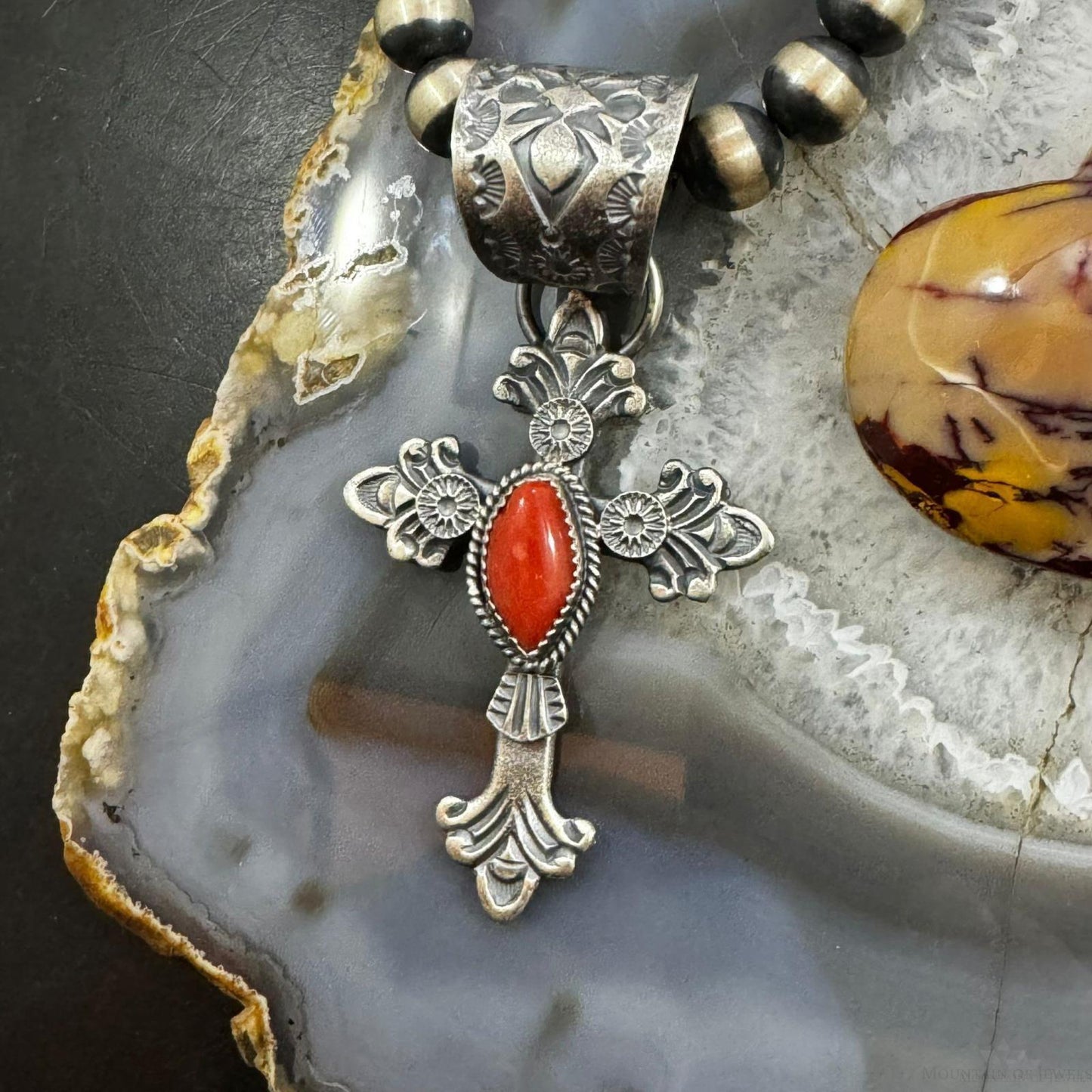 Kevin Billah Native American Sterling Silver Coral Decorated Unisex Cross Pendant #1