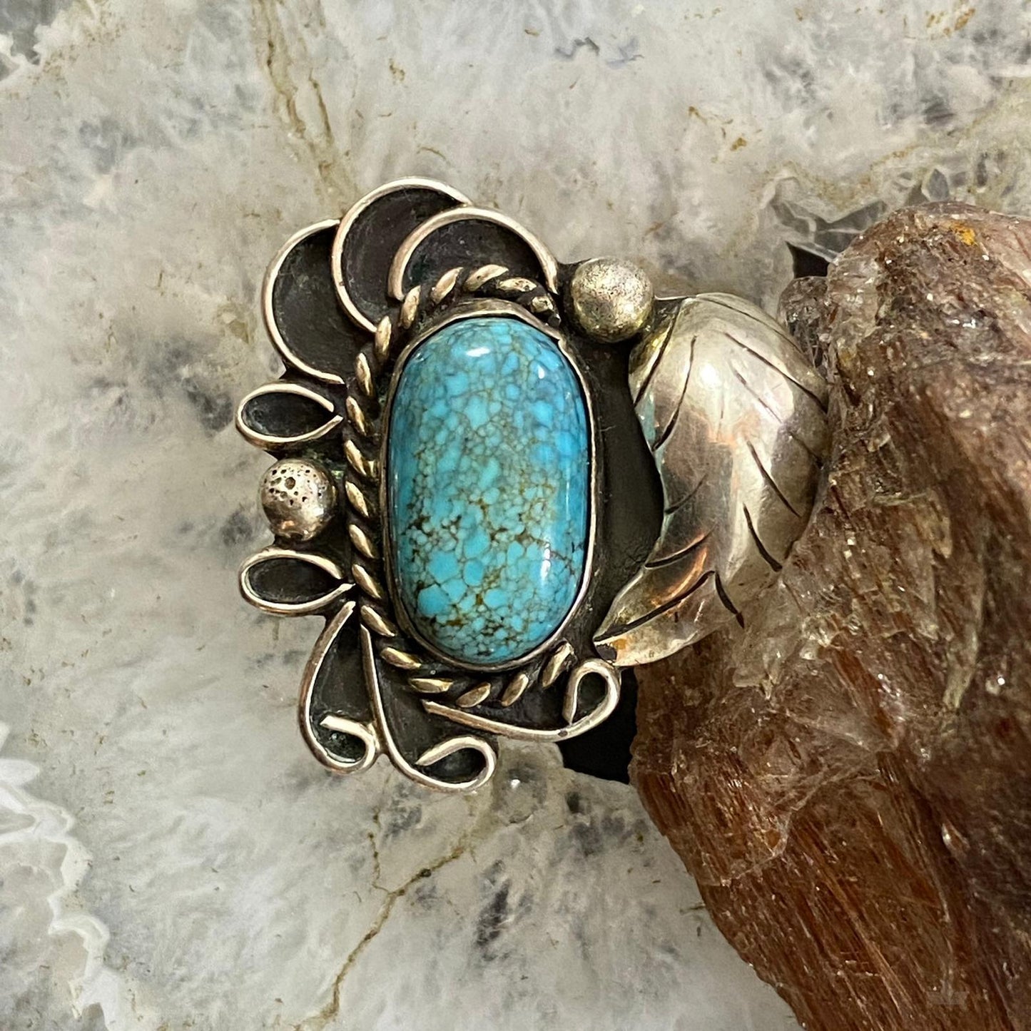Vintage Native American Silver Oval Turquoise Decorated Ring Size 7 For Women