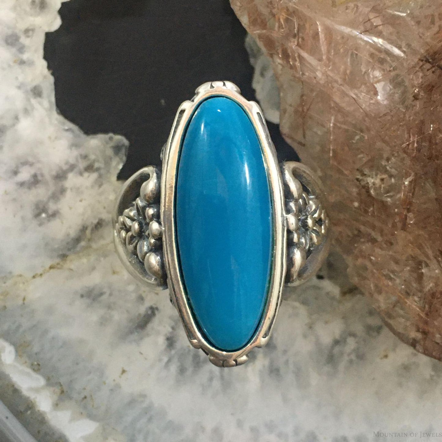 Carolyn Pollack Sterling Silver Elongated Oval Turquoise Decorated Ring For Women