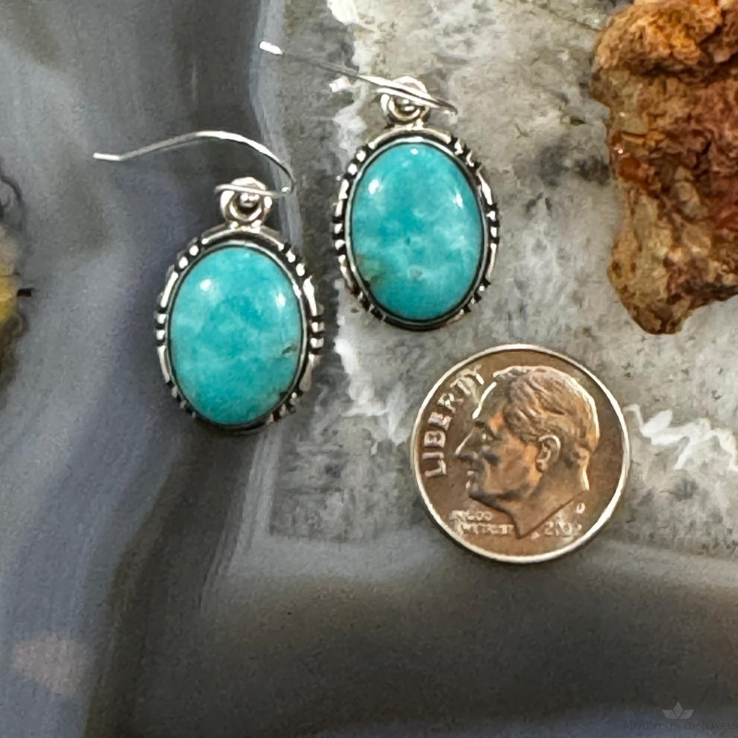 Native American Sterling Silver Oval Kingman Turquoise Dangle Earrings For Women