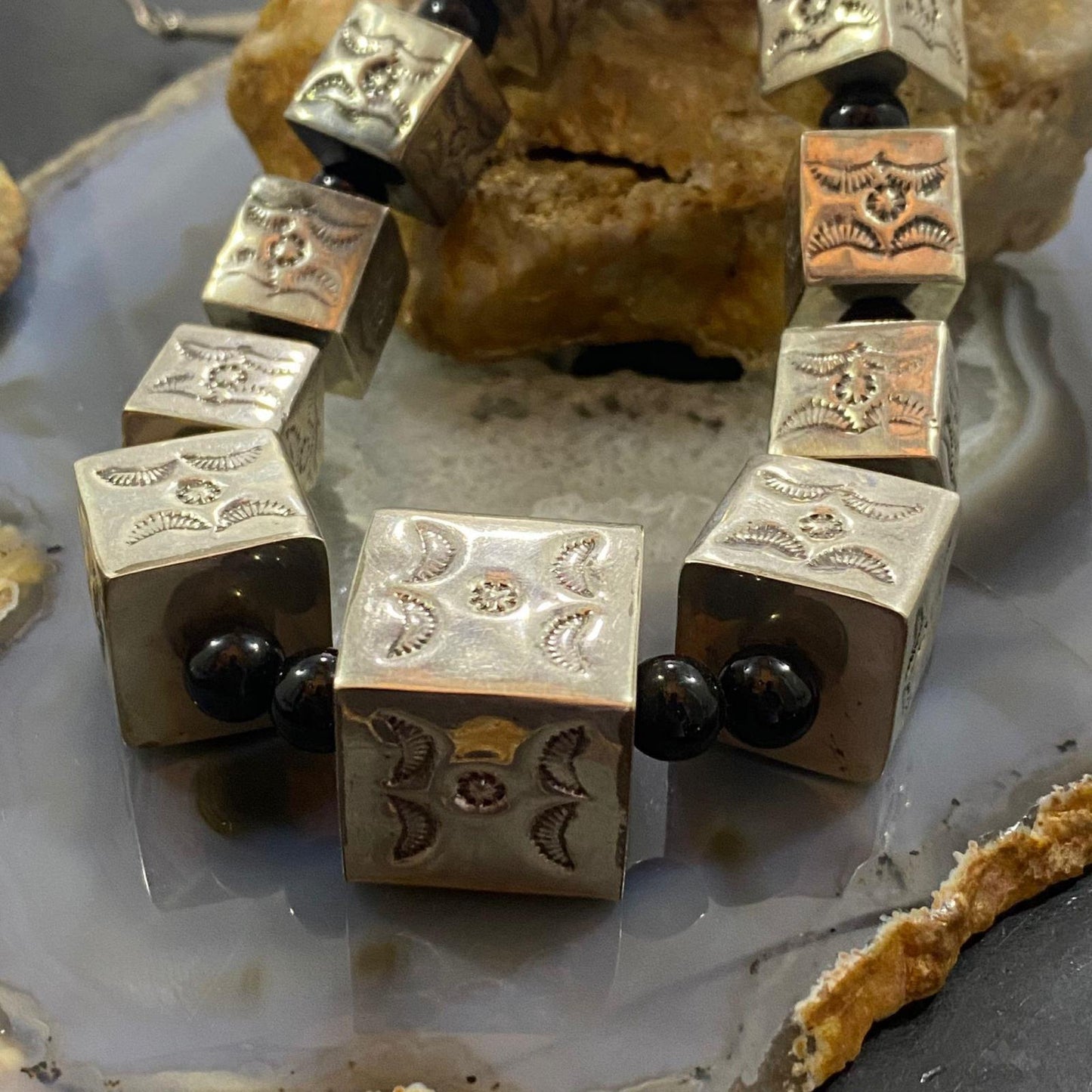 Vintage Native American Sterling Silver 13 Stamped Cube Beads on 20" Onyx Bead Necklace