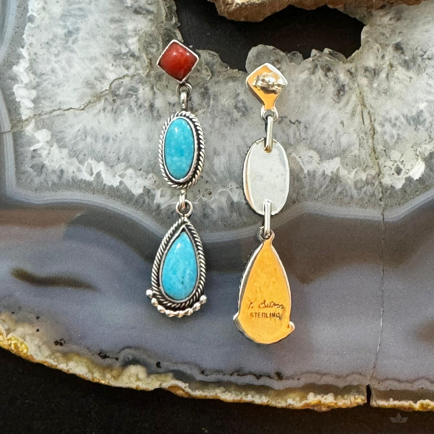 Verley Betone Sterling Silver Coral & 2 Turquoise Decorated Dangle Earrings For Women