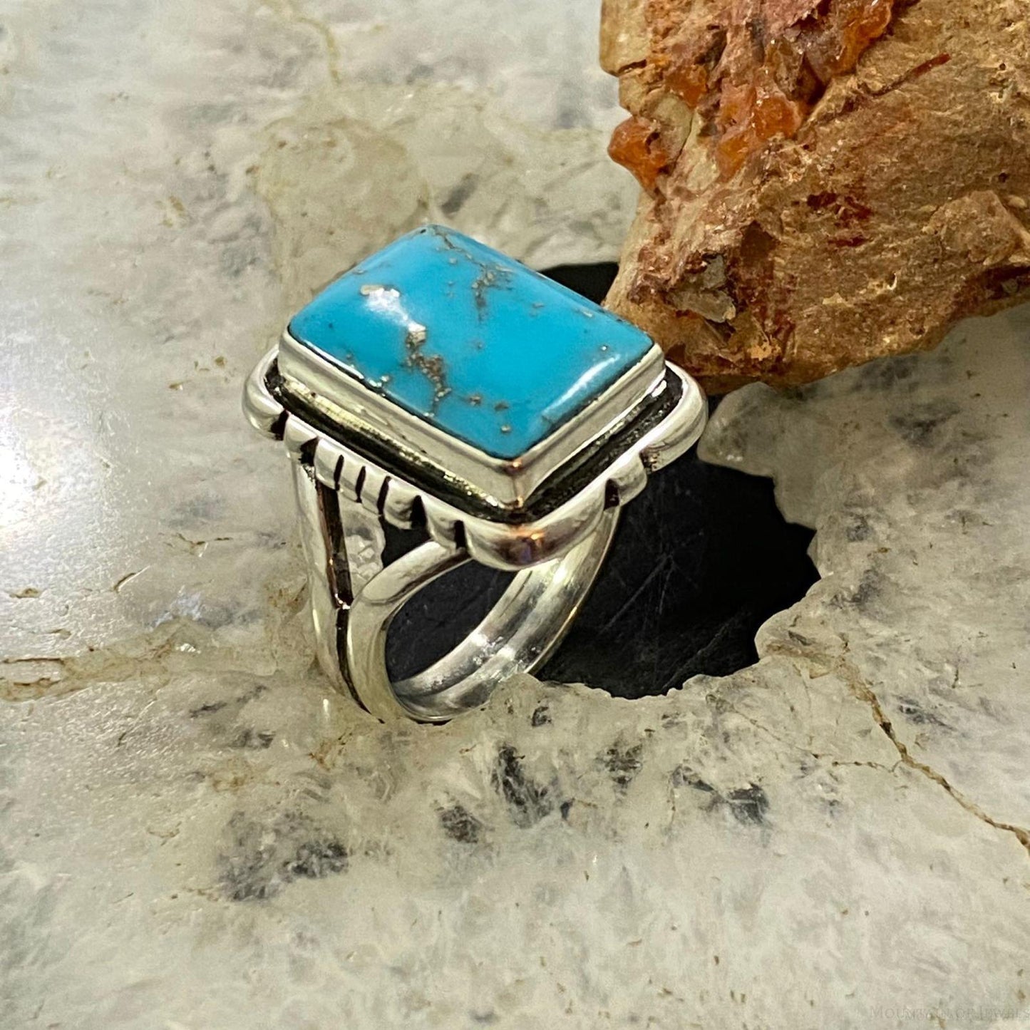 Native American Sterling Silver Rectangle Blue Ridge Turquoise Mini Bar Ring Size 6.5 For Women #2