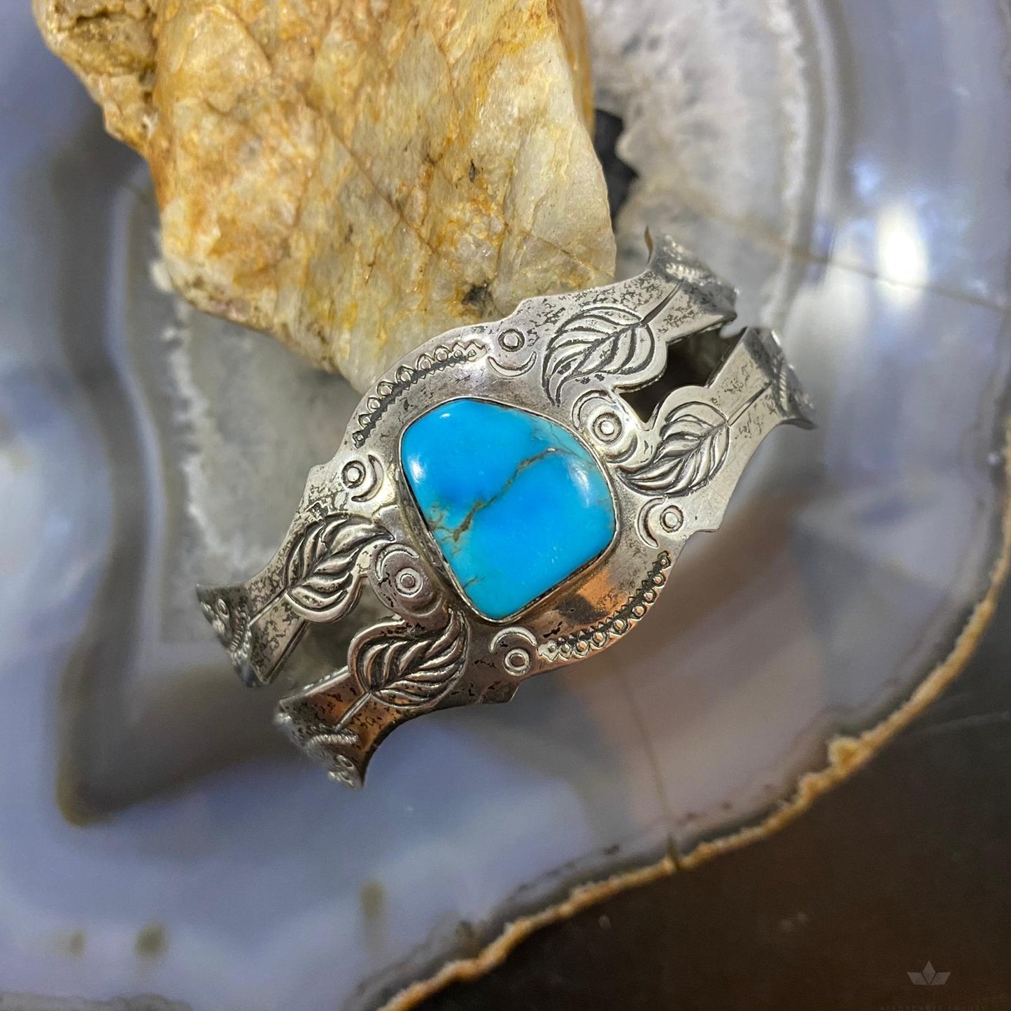 Vintage Native American Sterling Silver Turquoise Stamped Bracelet For Women