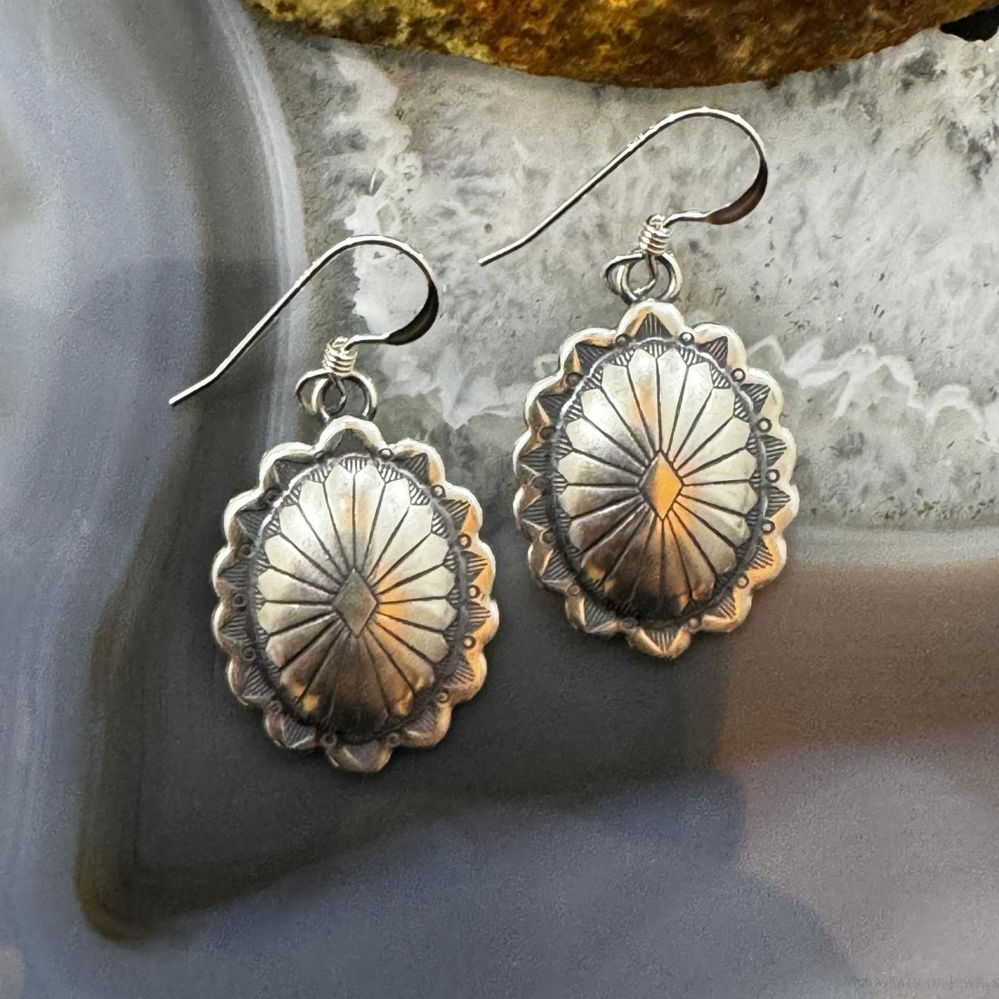 Native American Sterling Silver Oval Stamped Concho Dangle Earrings For Women