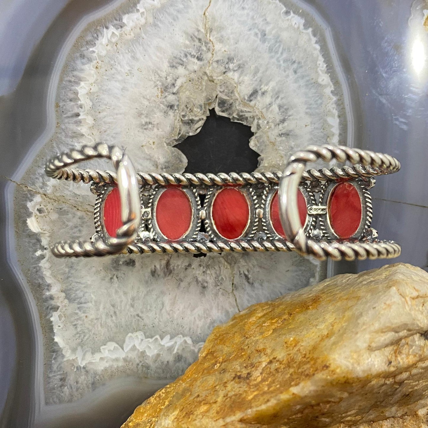 Carolyn Pollack Vintage Southwestern Style Sterling Silver Coral Row Bracelet For Women