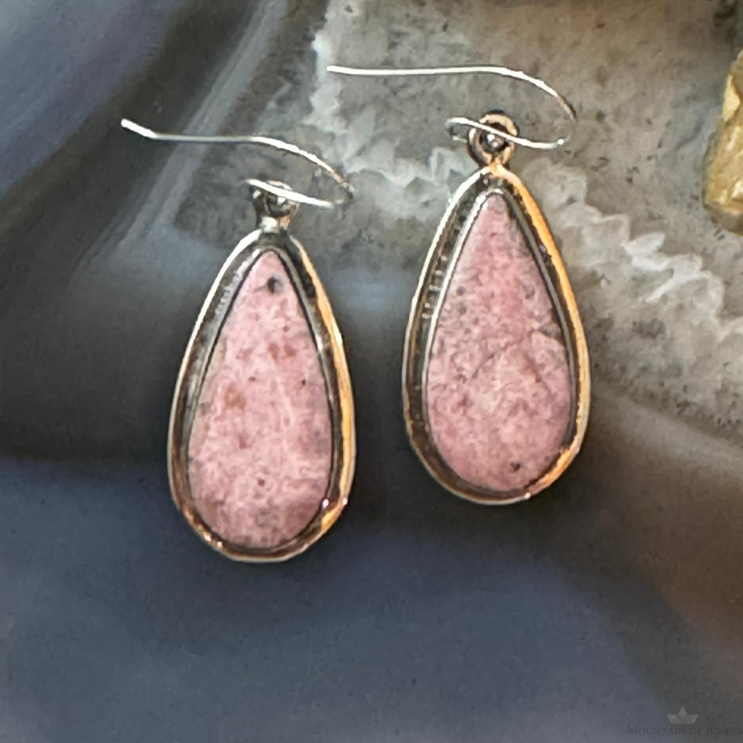 Native American Sterling Silver Teardrop Rhodonite Dangle Earrings For Women