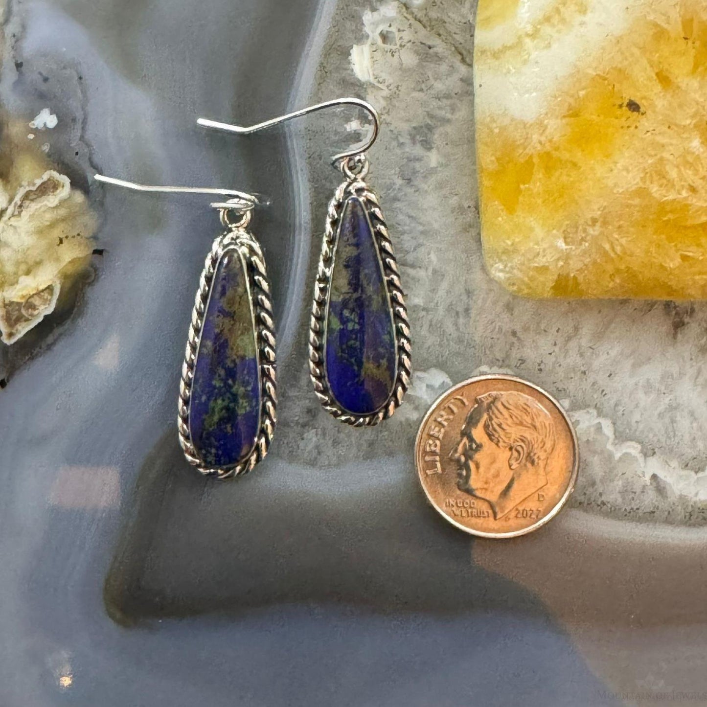 Native American Sterling Silver Teardrop African Azurite Malachite Dangle Earrings For Women