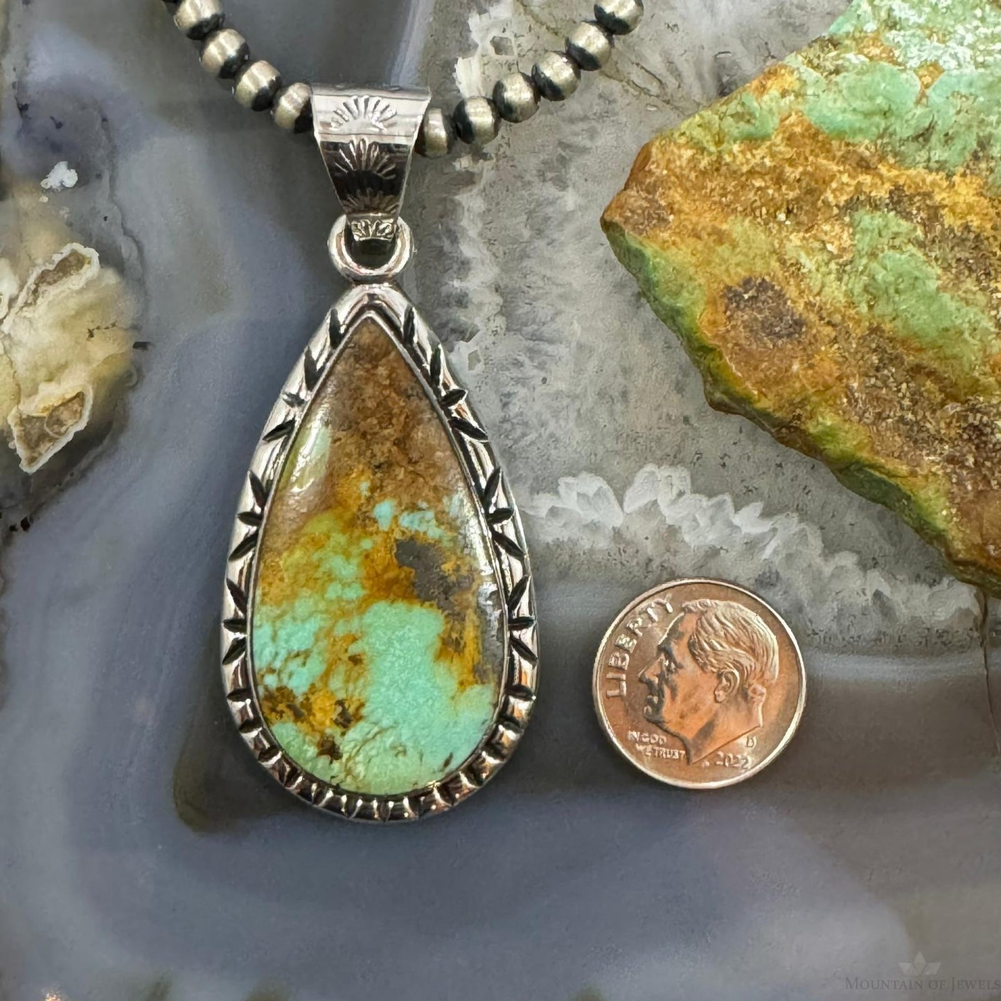 Native American Sterling Silver Large Teardrop Turquoise #8 Decorated Unisex Pendant