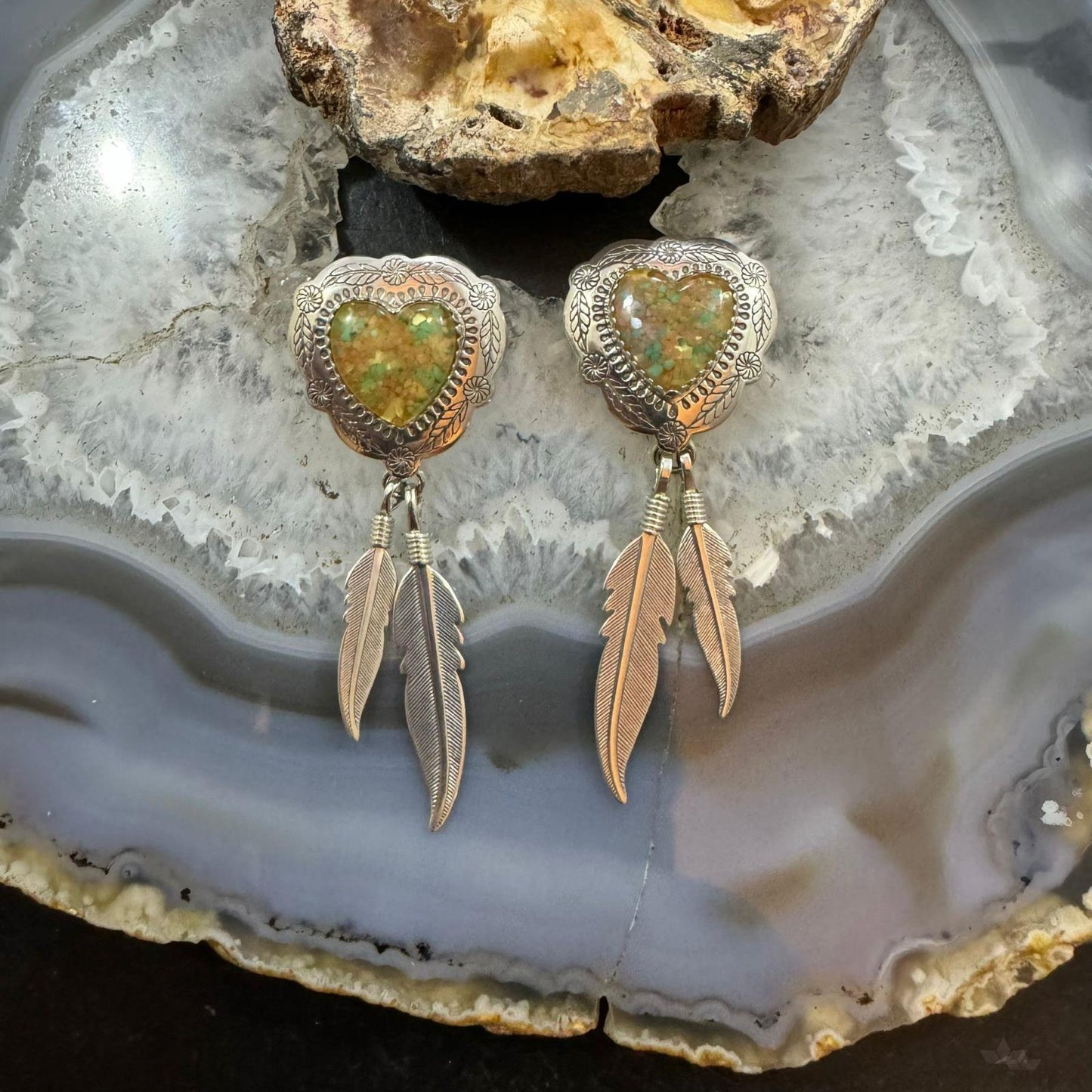 Carolyn Pollack Sterling Silver Heart Shape Chip Gemstones w/Feathers Dangle Earrings For Women