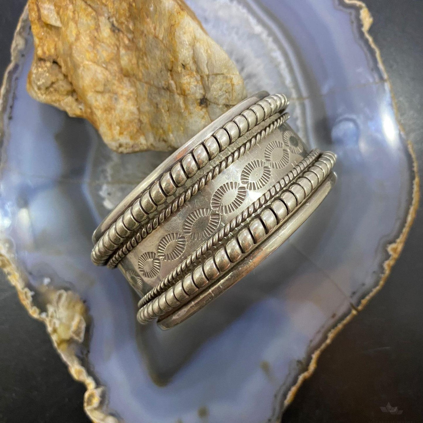 Vintage Mexican Sterling SIlver Stamped and Decorated Cuff Bracelet For Men