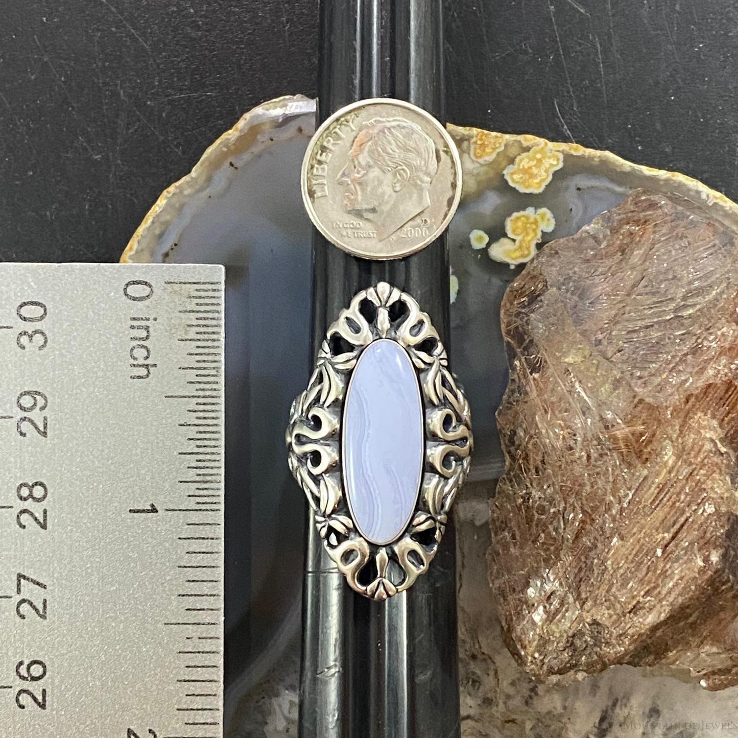 Carolyn Pollack Southwestern Style Sterling Silver Elongated Oval Blue Lace Agate Ring Size 6.5 For Women