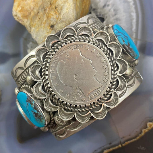 Alex Sanchez Sterling Silver Barber Head Half Dollar & 4 Oval Turquoise Bracelet For Women