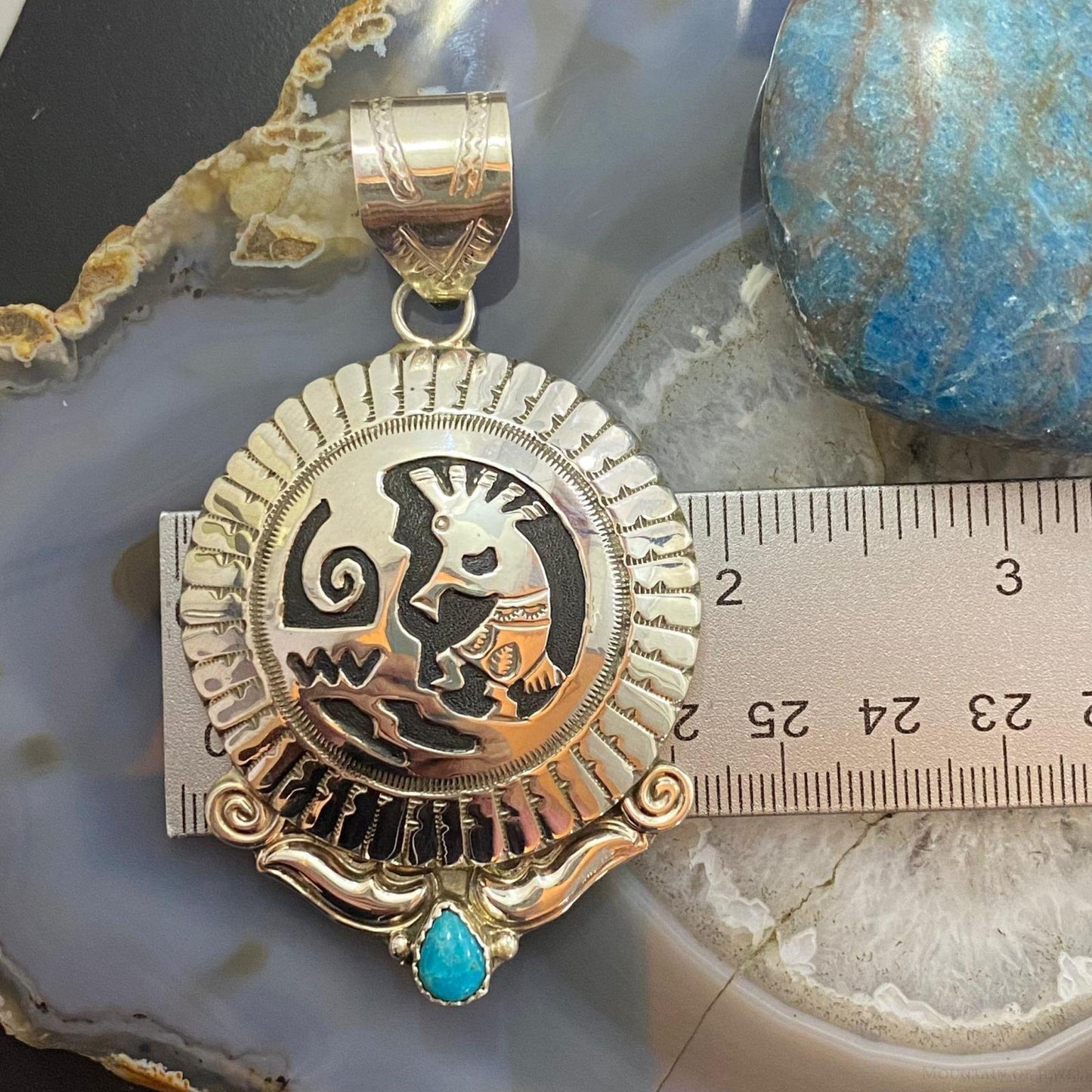 Alonzo Mariano Sterling Silver Turquoise Kokopelli Overlay Round Unisex Pendant