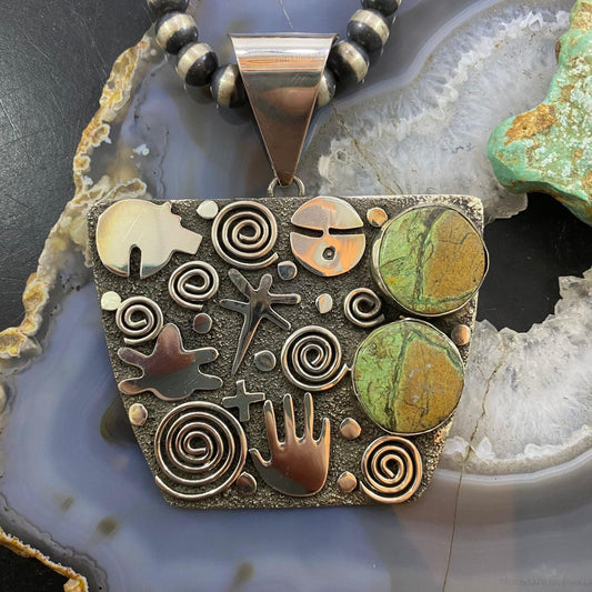 Alex Sanchez Native American Sterling Silver River Jasper Petroglyph Tablet Unisex Pendant