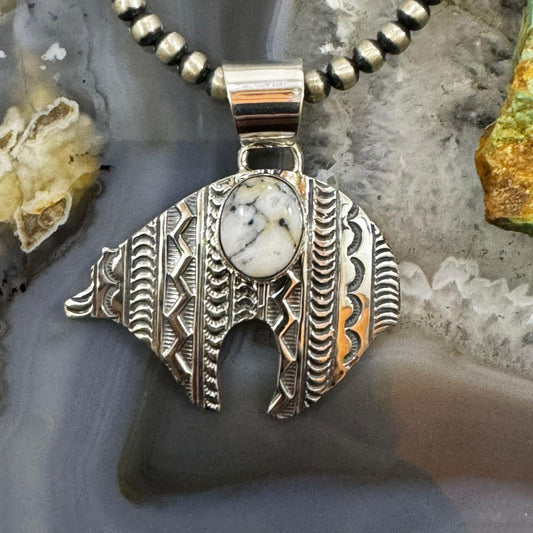 Native American Sterling Silver White Buffalo Decorated Fetish Bear Unisex Pendant