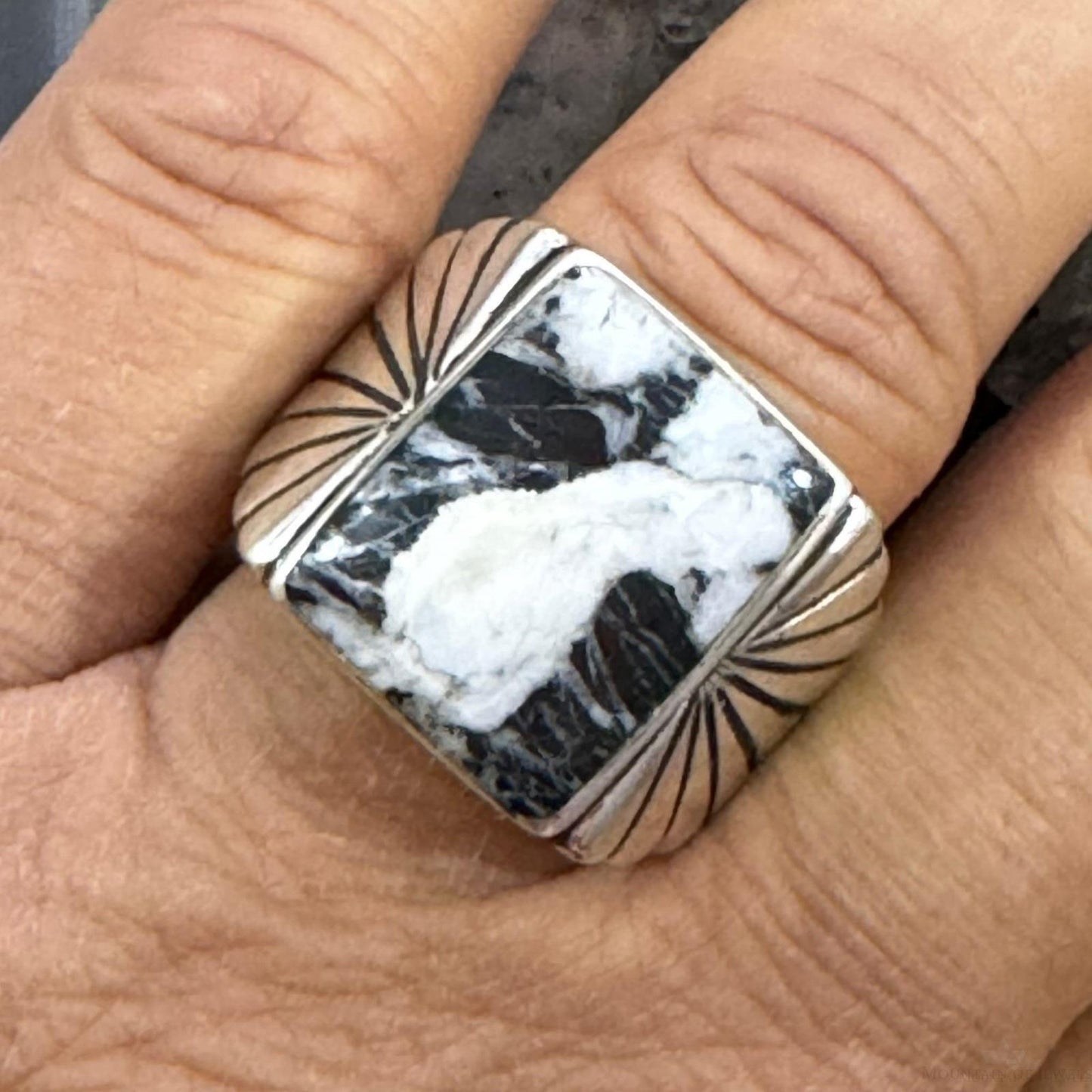Native American Sterling Silver Rectangle White Buffalo Bar Shield Ring Size 11.5 For Men